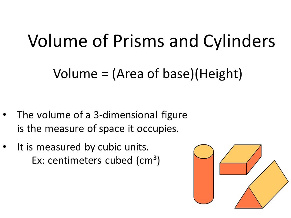 Volume of Prisms and Cylinders Volume = (Area of base)(Height) The volume of a 3-dimensional figure is the measure of space it occupies.