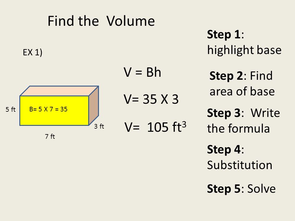 7 ft 3 ft V = Bh V= 35 X 3 V= 105 ft 3 Step 3: Write the formula Find the Volume 5 ft Step 1: highlight base Step 2: Find area of base B= 5 X 7 = 35 Step 4: Substitution Step 5: Solve EX 1)