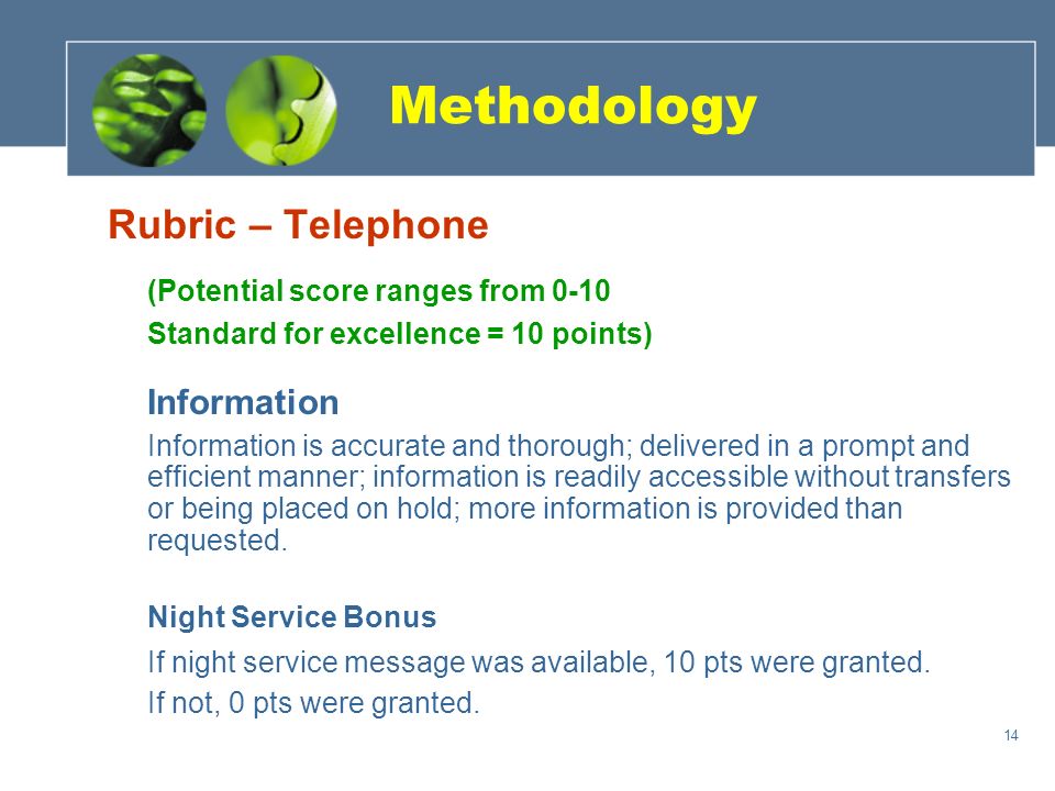 14 Methodology Rubric – Telephone (Potential score ranges from 0-10 Standard for excellence = 10 points) Information Information is accurate and thorough; delivered in a prompt and efficient manner; information is readily accessible without transfers or being placed on hold; more information is provided than requested.
