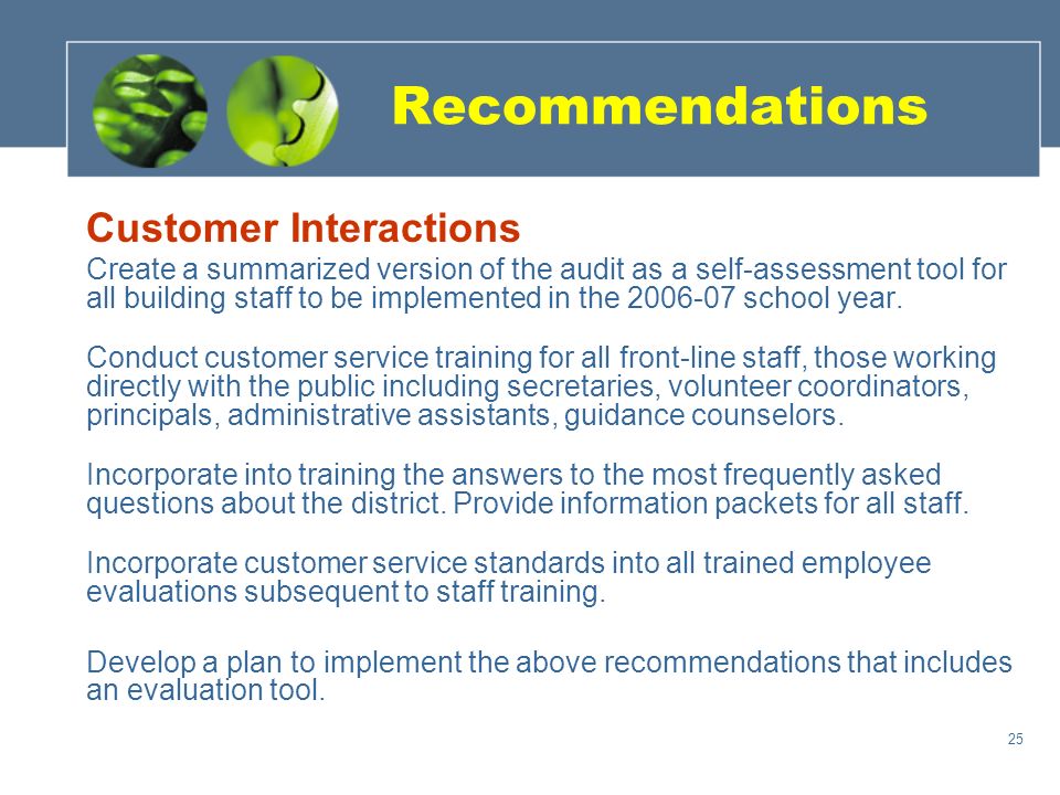 25 Recommendations Customer Interactions Create a summarized version of the audit as a self-assessment tool for all building staff to be implemented in the school year.