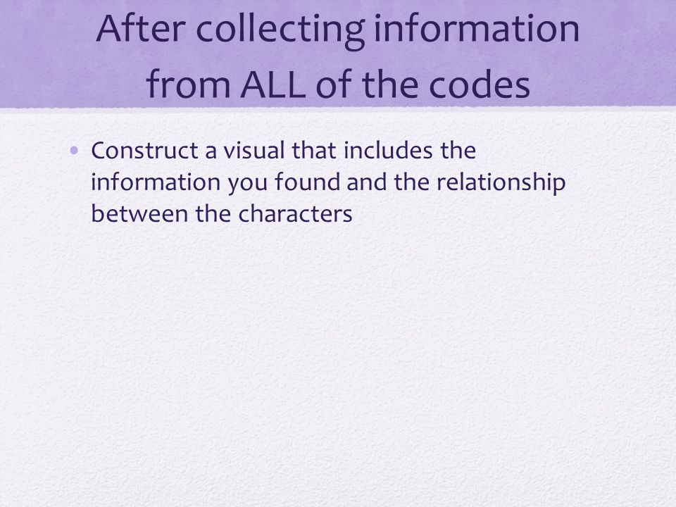 After collecting information from ALL of the codes Construct a visual that includes the information you found and the relationship between the characters