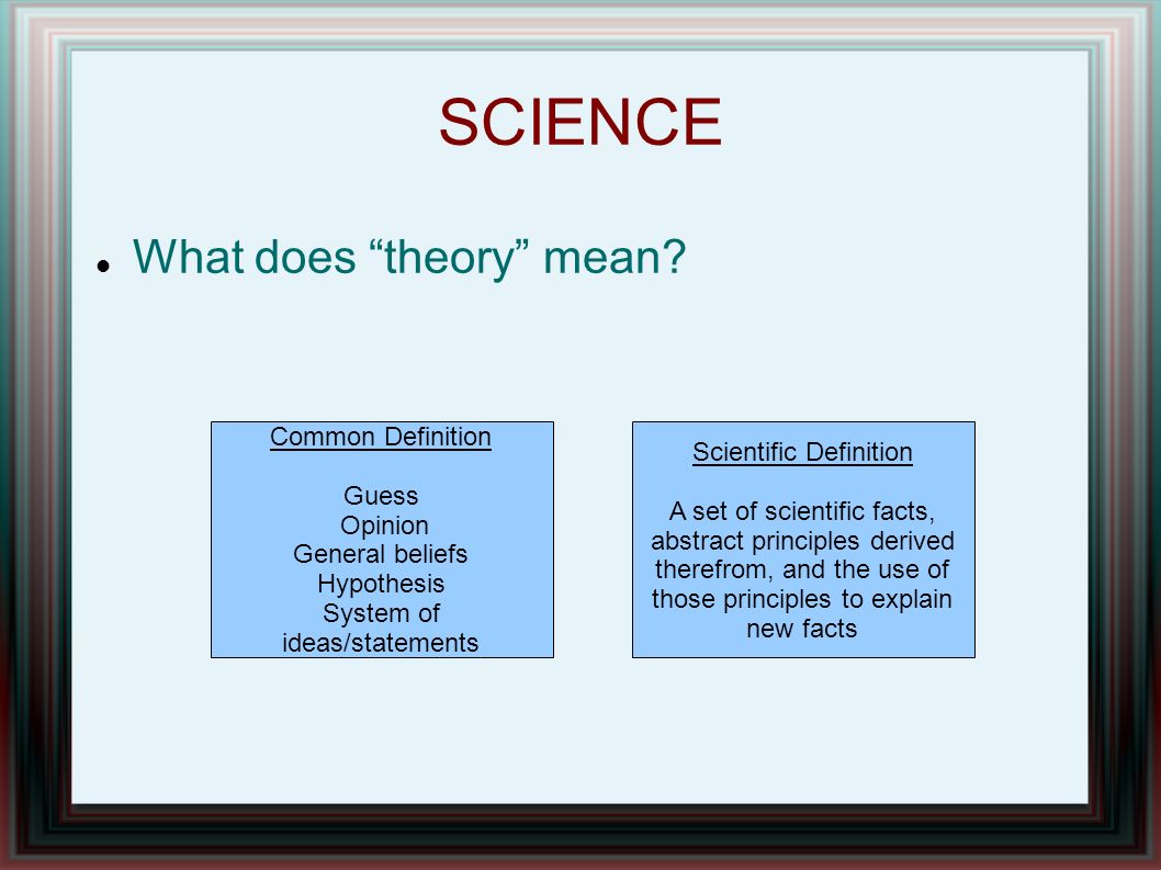 SCIENCE What does “theory” mean? Common Definition Guess Opinion General  beliefs Hypothesis System of ideas/statements Scientific Definition A set  of scientific. - ppt download