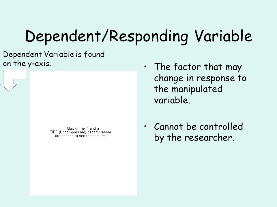 Dependent/Responding Variable The factor that may change in response to the manipulated variable.
