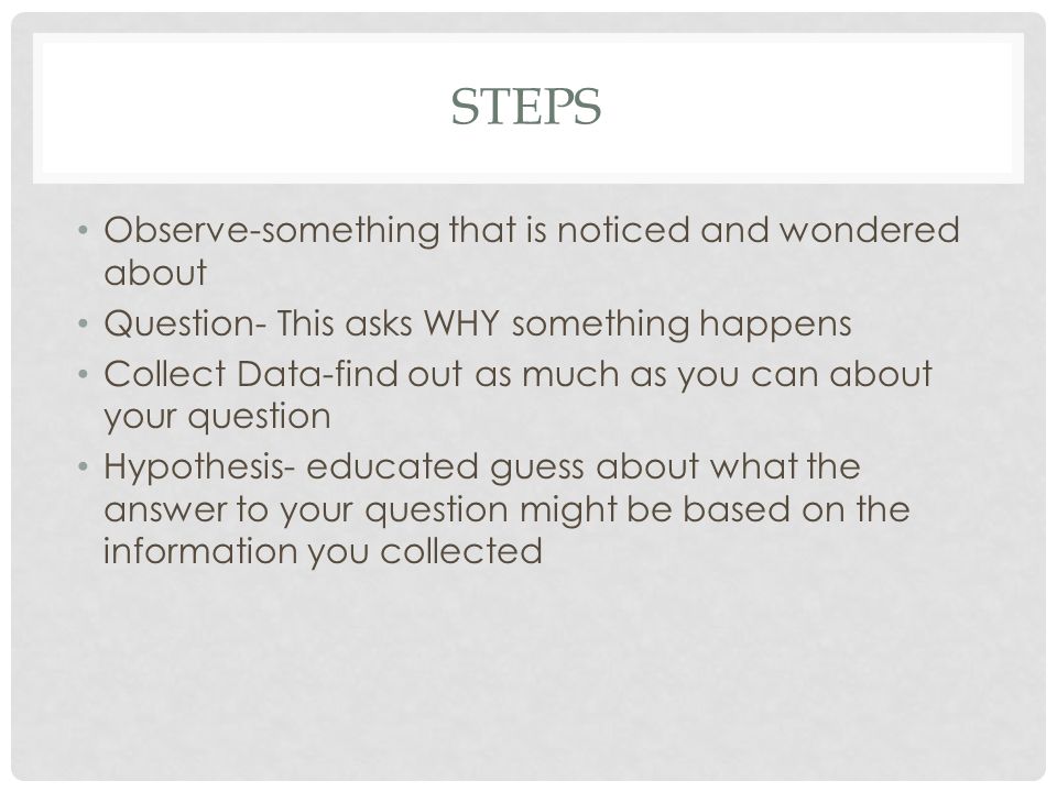 STEPS Observe-something that is noticed and wondered about Question- This asks WHY something happens Collect Data-find out as much as you can about your question Hypothesis- educated guess about what the answer to your question might be based on the information you collected