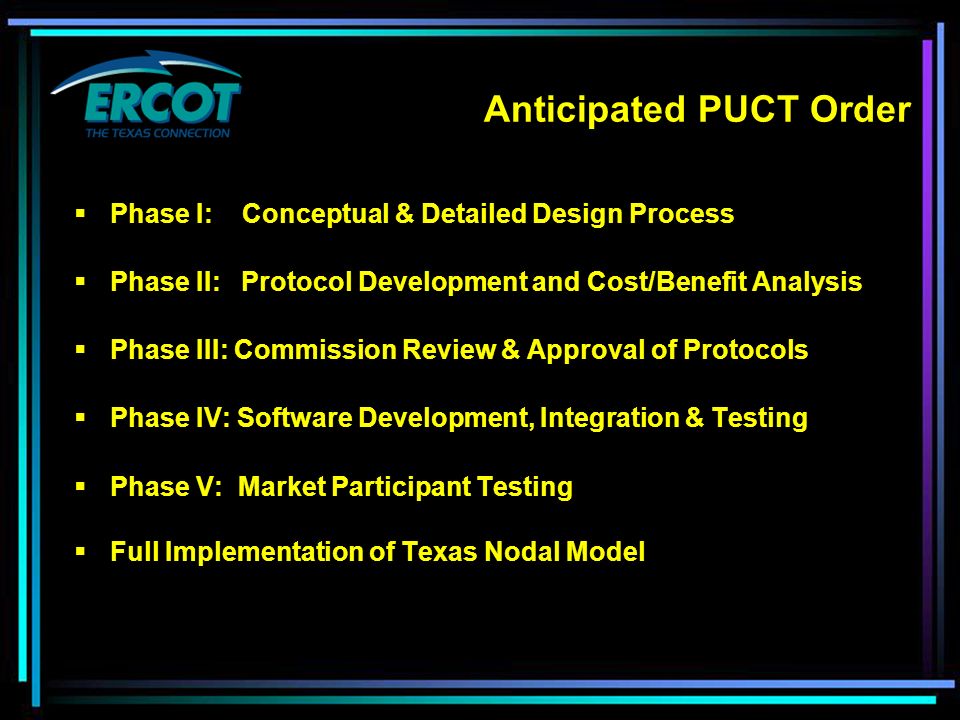 Anticipated PUCT Order  Phase I: Conceptual & Detailed Design Process  Phase II: Protocol Development and Cost/Benefit Analysis  Phase III: Commission Review & Approval of Protocols  Phase IV: Software Development, Integration & Testing  Phase V: Market Participant Testing  Full Implementation of Texas Nodal Model