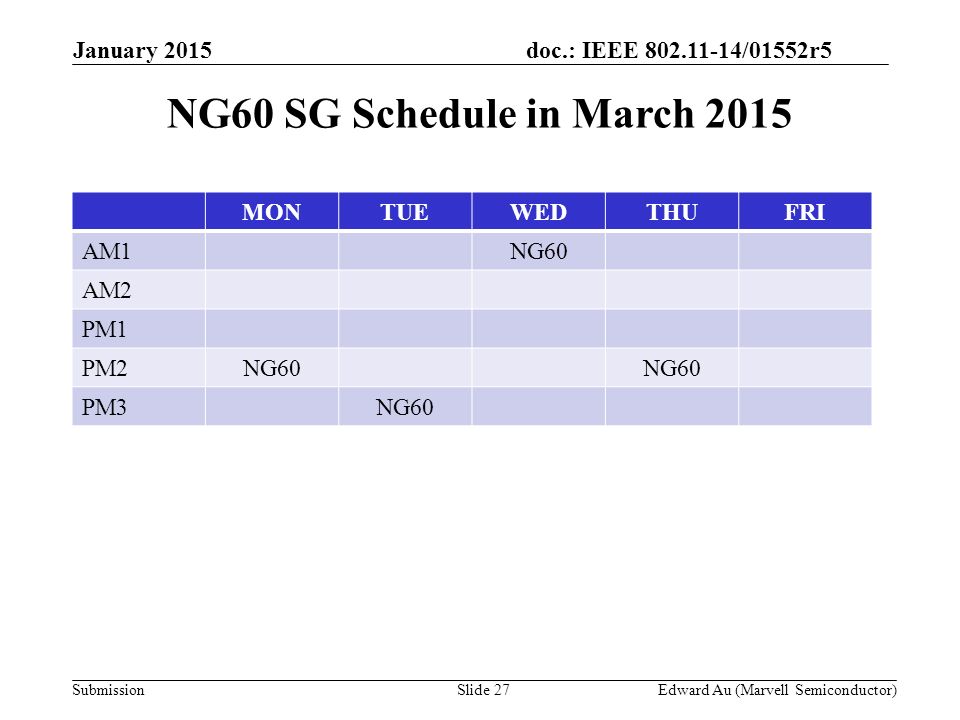 doc.: IEEE /01552r5 SubmissionSlide 27 NG60 SG Schedule in March 2015 MONTUEWEDTHUFRI AM1NG60 AM2 PM1 PM2NG60 PM3NG60 Edward Au (Marvell Semiconductor) January 2015