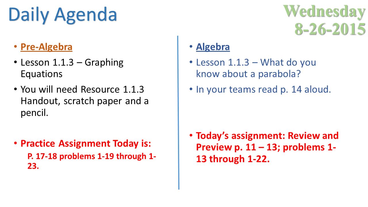 Wednesday Pre-Algebra Lesson – Graphing Equations You will need Resource Handout, scratch paper and a pencil.