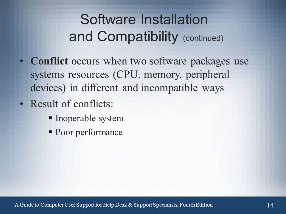 Software Installation and Compatibility (continued) Conflict occurs when two software packages use systems resources (CPU, memory, peripheral devices) in different and incompatible ways Result of conflicts:  Inoperable system  Poor performance A Guide to Computer User Support for Help Desk & Support Specialists, Fourth Edition 14