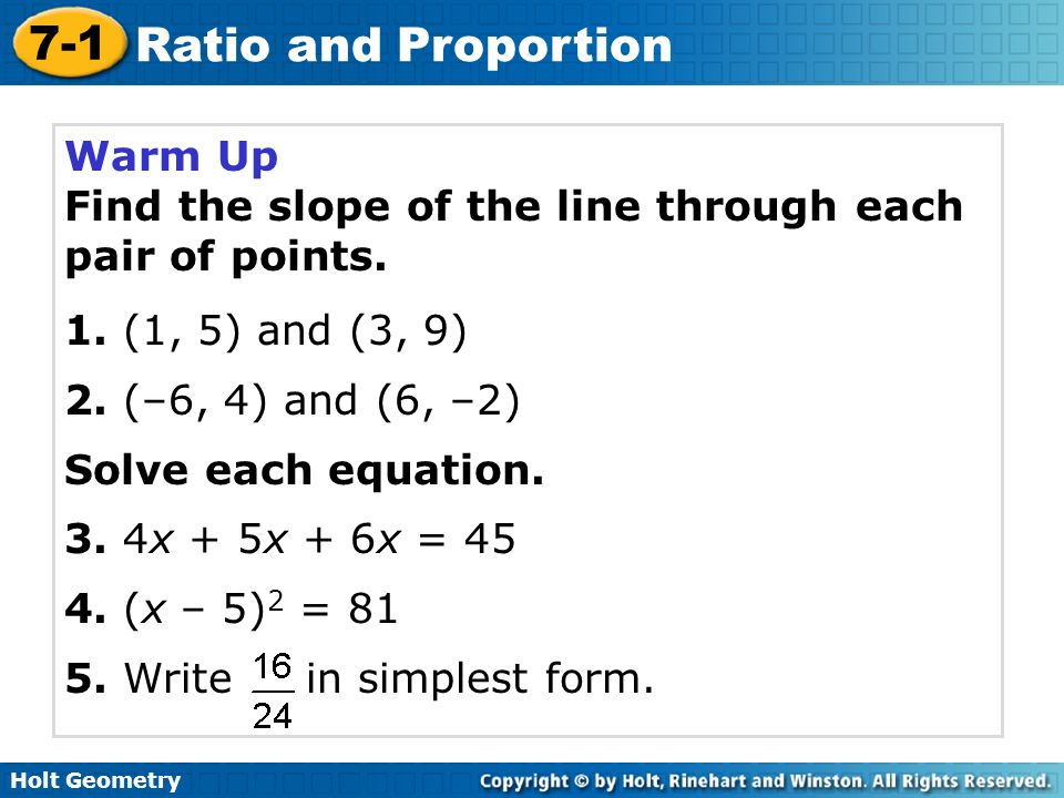 Holt Geometry 7 1 Ratio And Proportion 7 1 Ratio And