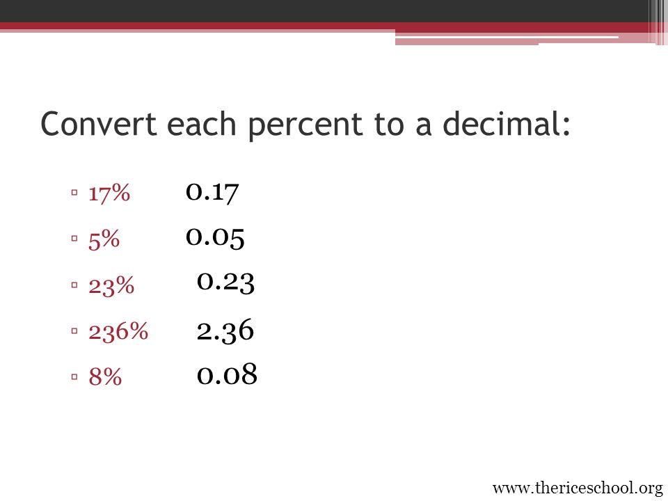 Convert each percent to a decimal: ▫17% ▫5% ▫23% ▫236% ▫8%