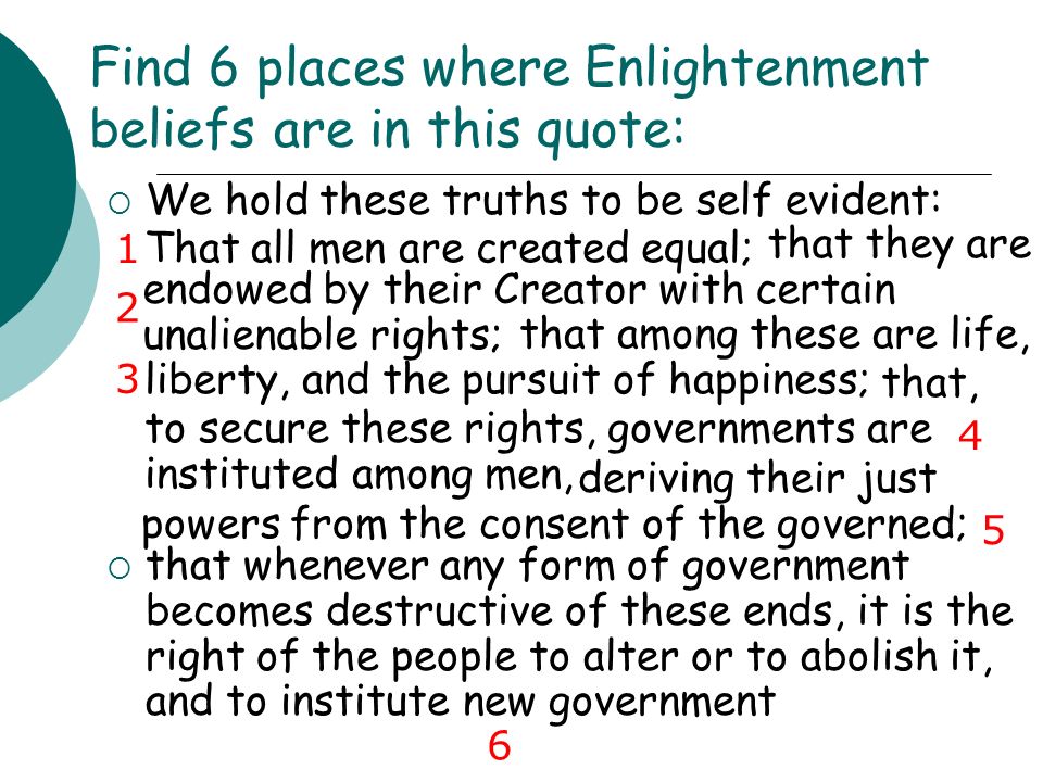 that they are endowed by their Creator with certain unalienable rights; Find 6 places where Enlightenment beliefs are in this quote:  We hold these truths to be self evident: That all men are created equal; that among these are life, liberty, and the pursuit of happiness; that, to secure these rights, governments are instituted among men, deriving their just powers from the consent of the governed; tthat whenever any form of government becomes destructive of these ends, it is the right of the people to alter or to abolish it, and to institute new government