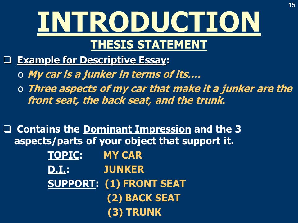 Essay Term Paper Introduction Thesis Statement Example For Descriptive Essay Omy Car Is A Junker In Small Essays In English also Model Essay English Descriptive Essay Assignment To Describe A Campus Object English Essay My Best Friend