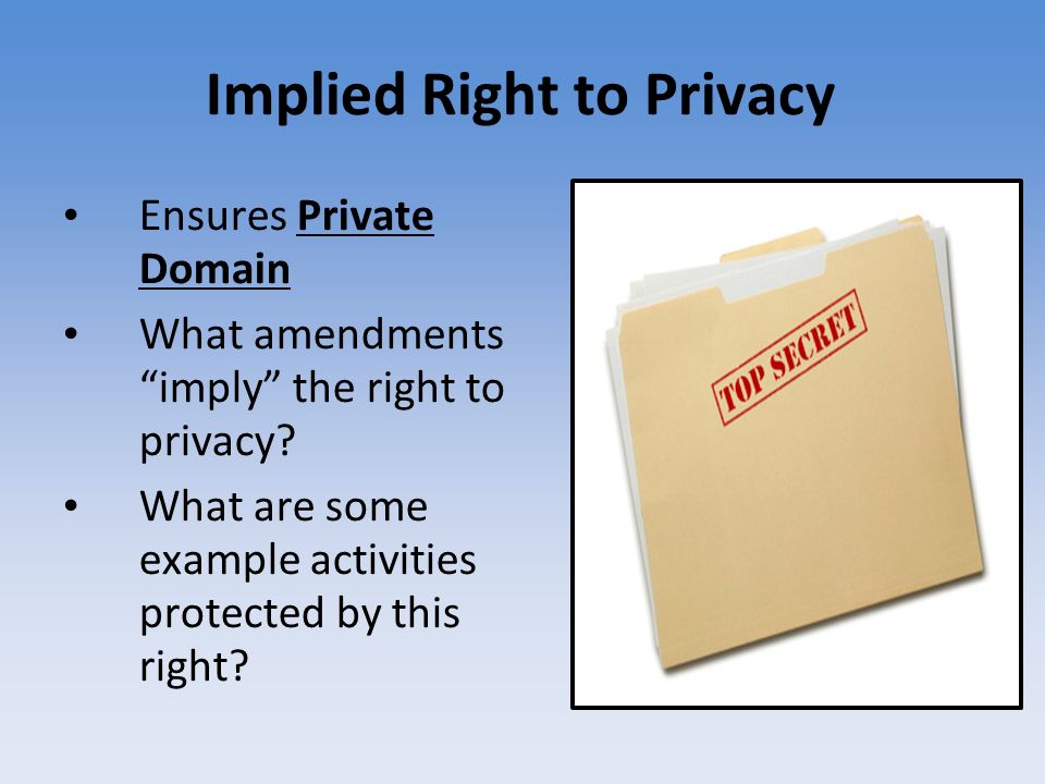 Implied Right to Privacy Ensures Private Domain What amendments imply the right to privacy.