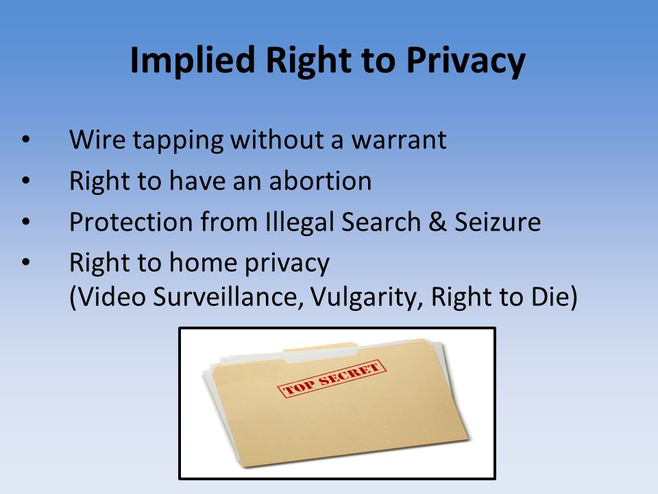 Implied Right to Privacy Wire tapping without a warrant Right to have an abortion Protection from Illegal Search & Seizure Right to home privacy (Video Surveillance, Vulgarity, Right to Die)