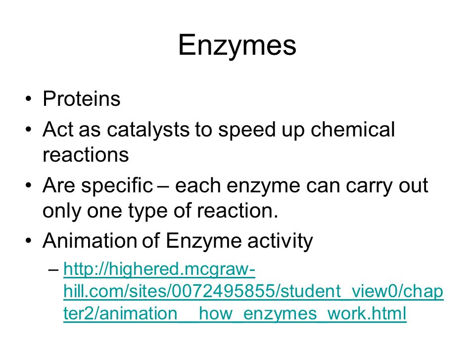 Enzymes Proteins Act as catalysts to speed up chemical reactions Are  specific – each enzyme can carry out only one type of reaction. Animation  of Enzyme. - ppt download