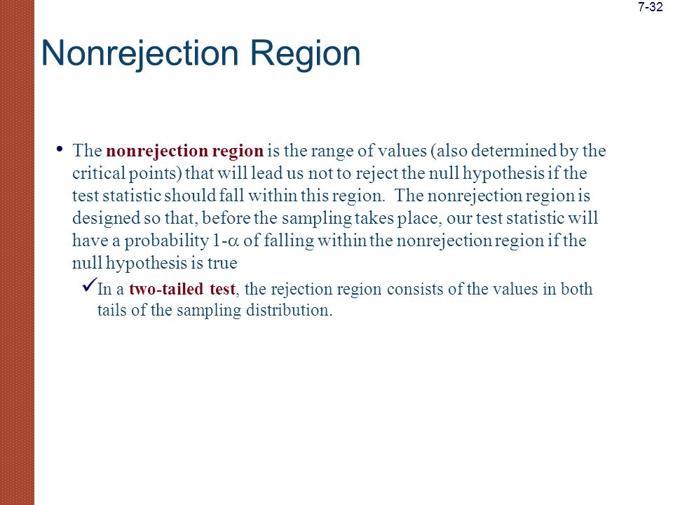 The nonrejection region is the range of values (also determined by the critical points) that will lead us not to reject the null hypothesis if the test statistic should fall within this region.