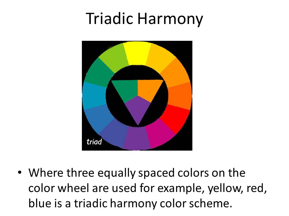 Triadic Harmony Where three equally spaced colors on the color wheel are used for example, yellow, red, blue is a triadic harmony color scheme.
