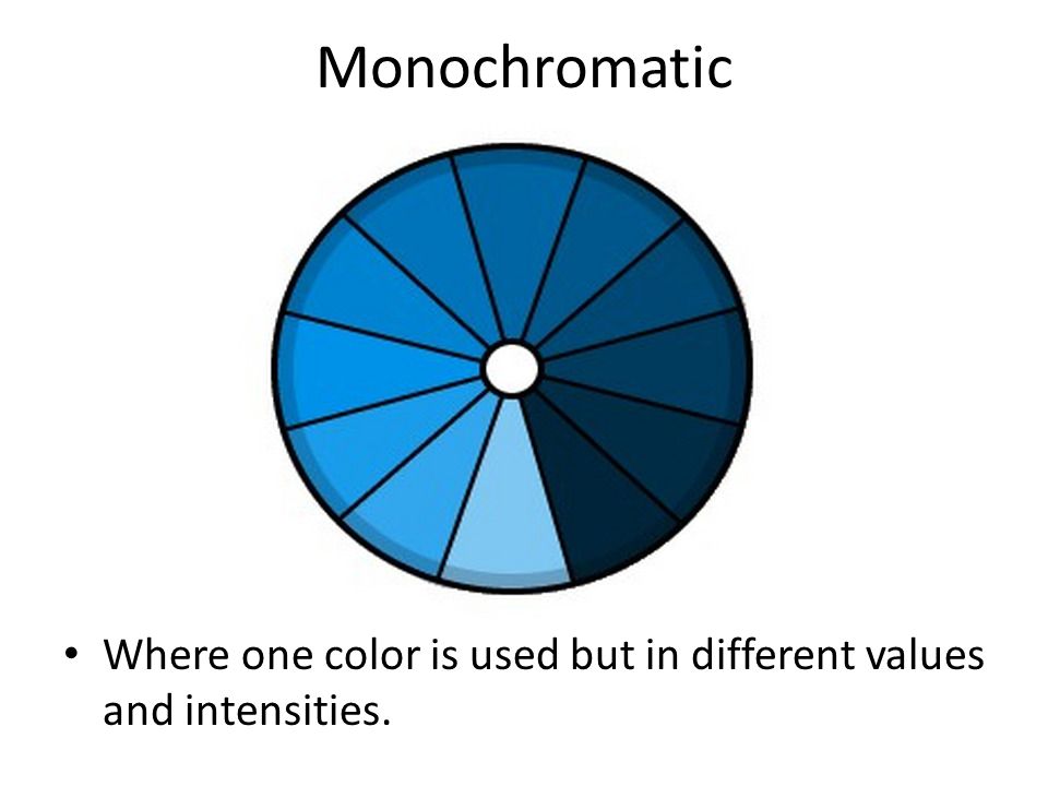 Monochromatic Where one color is used but in different values and intensities.