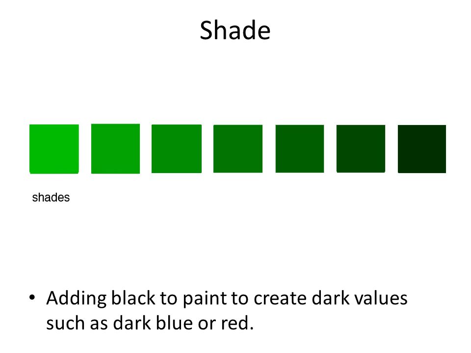 Shade Adding black to paint to create dark values such as dark blue or red.
