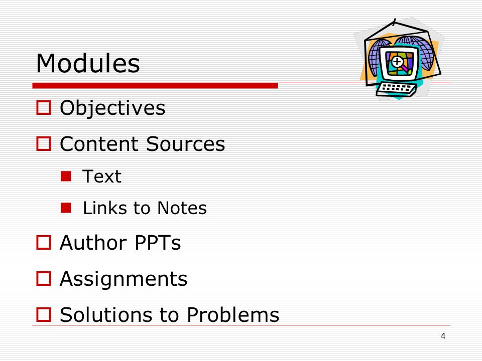 4 Modules  Objectives  Content Sources Text Links to Notes  Author PPTs  Assignments  Solutions to Problems