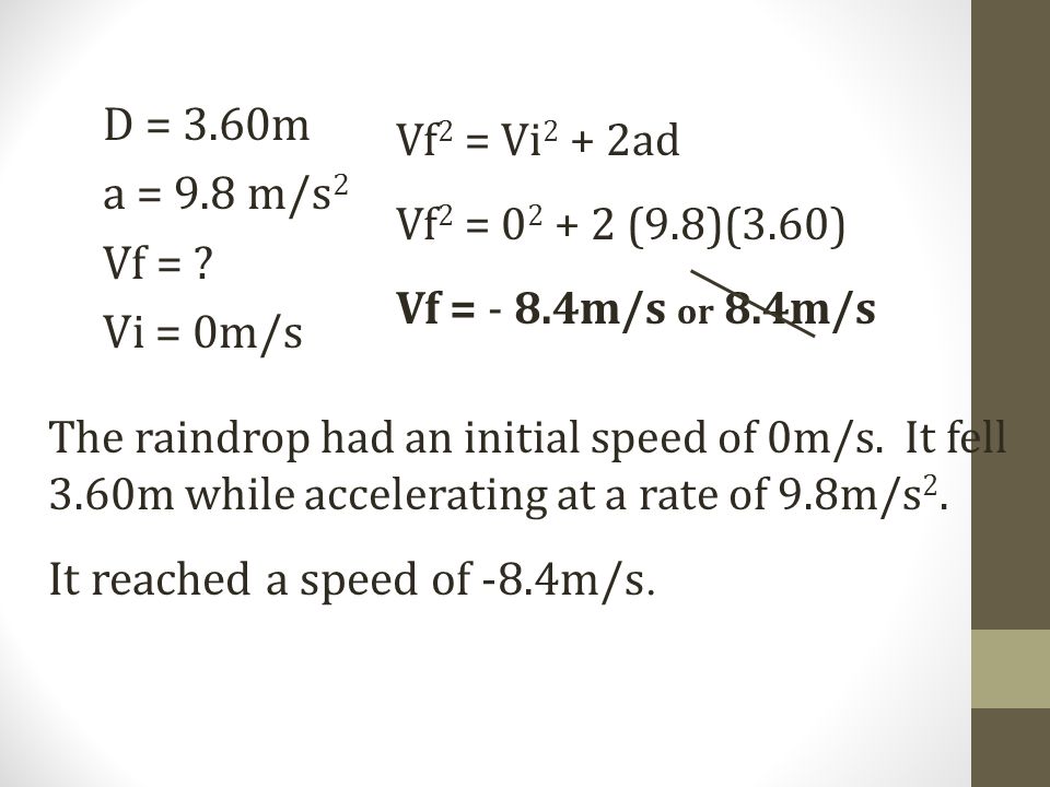D = 3.60m a = 9.8 m/s 2 Vf = . Vi = 0m/s The raindrop had an initial speed of 0m/s.