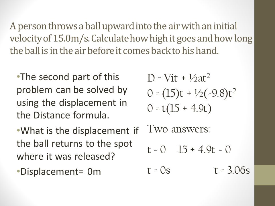A person throws a ball upward into the air with an initial velocity of 15.0m/s.