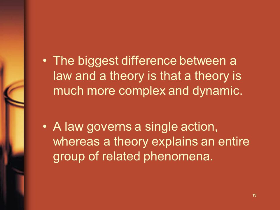 19 The biggest difference between a law and a theory is that a theory is much more complex and dynamic.