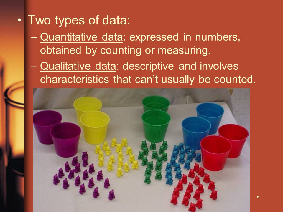 8 Two types of data: –Quantitative data: expressed in numbers, obtained by counting or measuring.