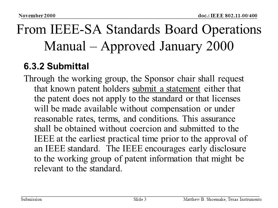 doc.: IEEE /400 Submission November 2000 Matthew B.