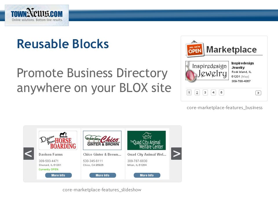Reusable Blocks Promote Business Directory anywhere on your BLOX site core-marketplace-features_business core-marketplace-features_slideshow
