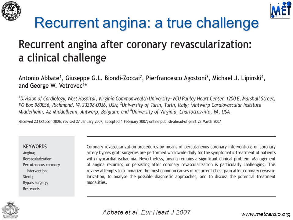 Recurrent angina: a true challenge Abbate et al, Eur Heart J 2007