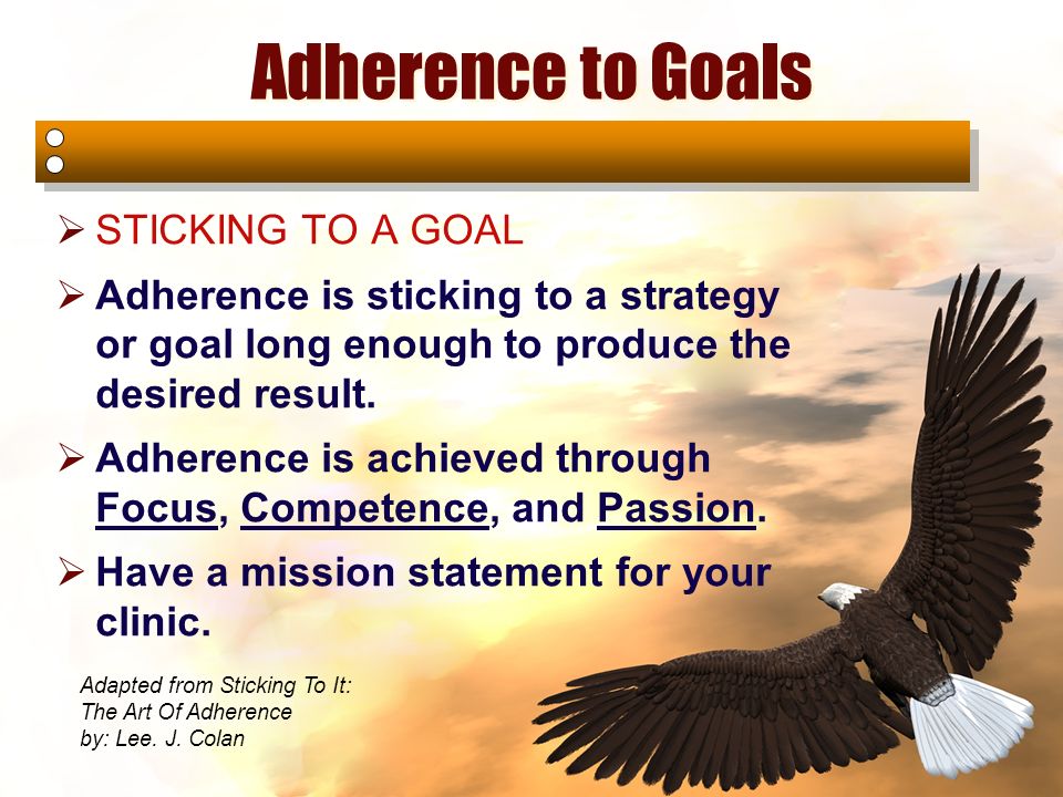 Adherence to Goals  STICKING TO A GOAL  Adherence is sticking to a strategy or goal long enough to produce the desired result.