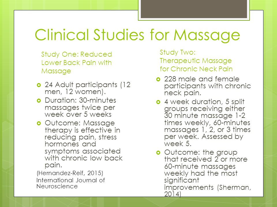 Clinical Studies for Massage  24 Adult participants (12 men, 12 women).