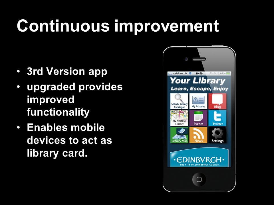 Continuous improvement 3rd Version app upgraded provides improved functionality Enables mobile devices to act as library card.