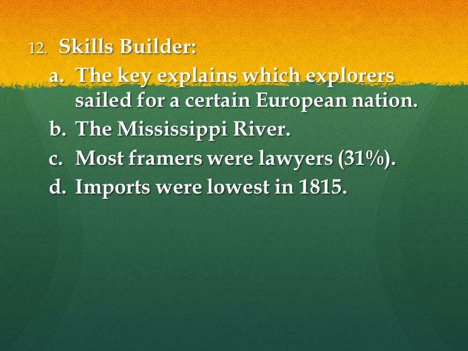 12. Skills Builder: a.The key explains which explorers sailed for a certain European nation.