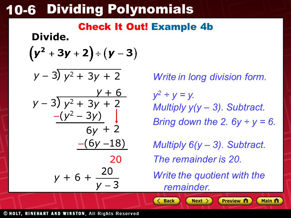 10-6 Dividing Polynomials Check It Out. Example 4b Divide.