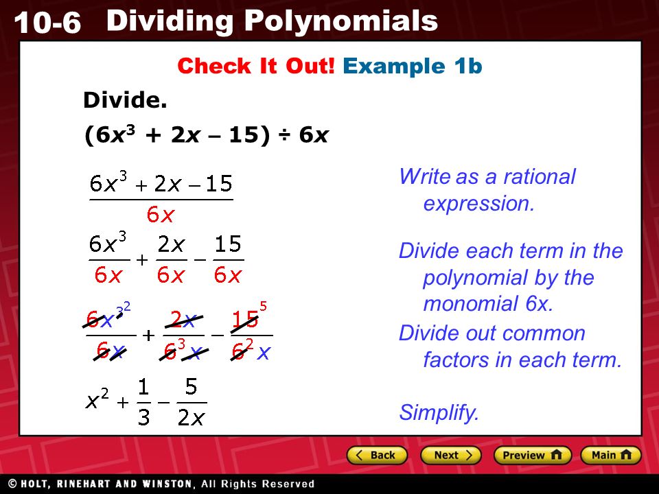 10-6 Dividing Polynomials Check It Out. Example 1b Divide.