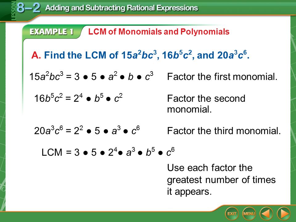 Example 1A LCM of Monomials and Polynomials A.