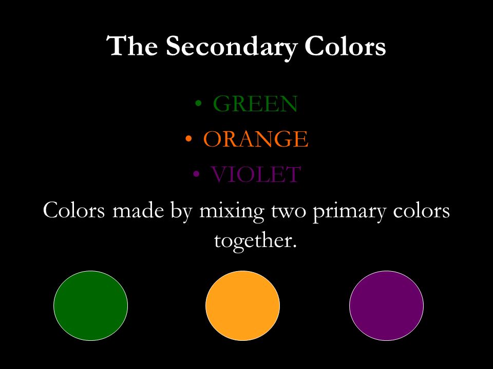 The Secondary Colors GREEN ORANGE VIOLET Colors made by mixing two primary colors together.