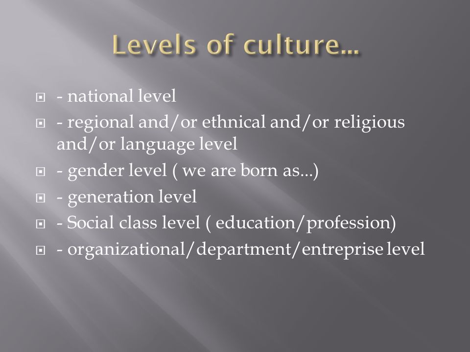  - national level  - regional and/or ethnical and/or religious and/or language level  - gender level ( we are born as...)  - generation level  - Social class level ( education/profession)  - organizational/department/entreprise level