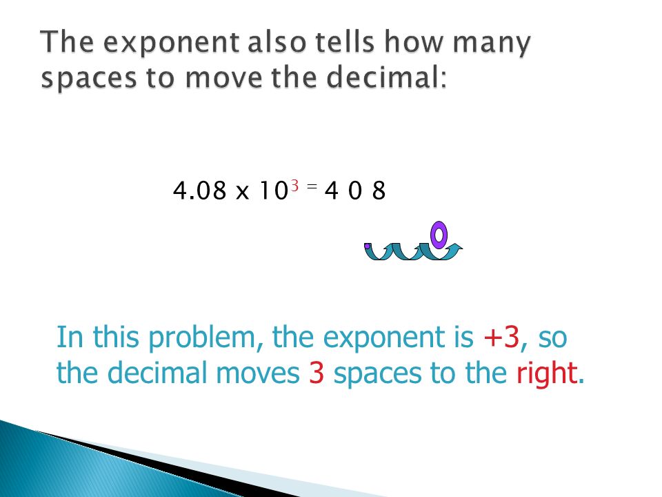 4.08 x 10 3 = In this problem, the exponent is +3, so the decimal moves 3 spaces to the right.
