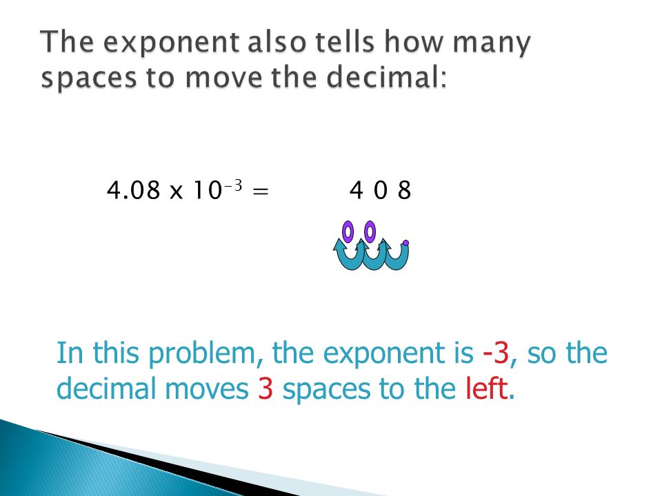 4.08 x = In this problem, the exponent is -3, so the decimal moves 3 spaces to the left.