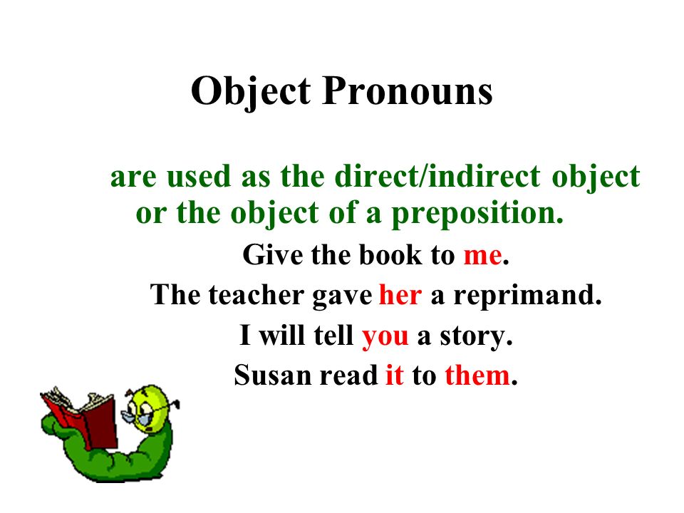 Object Pronouns are used as the direct/indirect object or the object of a preposition.