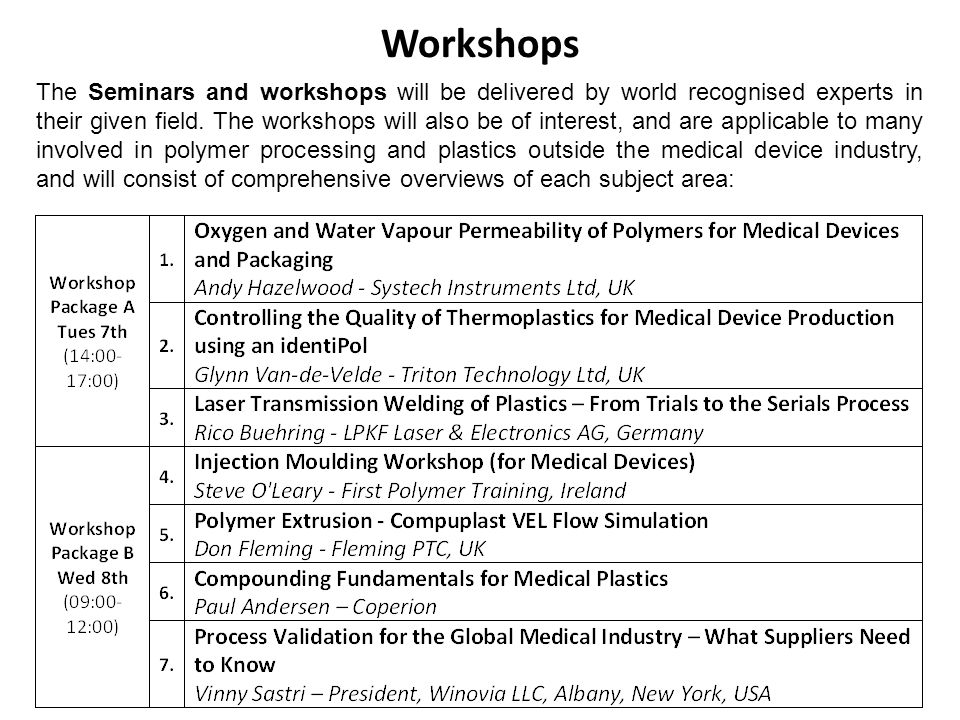 Workshops The Seminars and workshops will be delivered by world recognised experts in their given field.