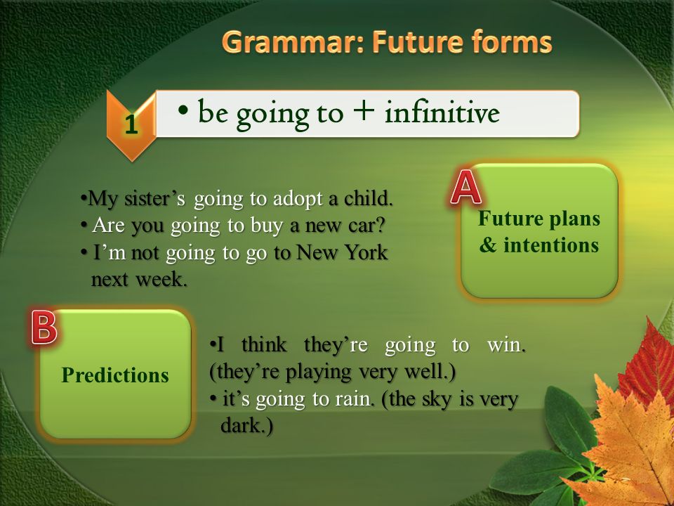 be going to + infinitive Predictions Future plans & intentions My sister’s going to adopt a child.