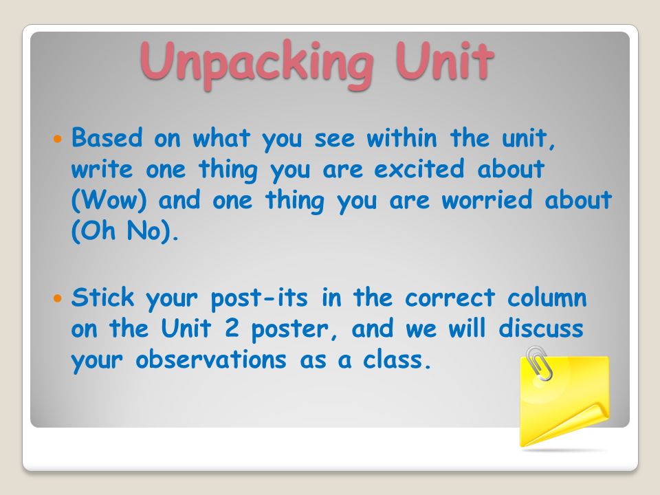 Unpacking Unit Based on what you see within the unit, write one thing you are excited about (Wow) and one thing you are worried about (Oh No).