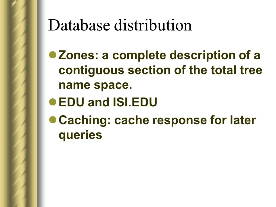 Database distribution Zones: a complete description of a contiguous section of the total tree name space.