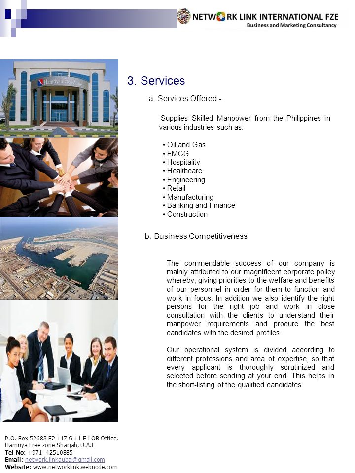 3. Services Supplies Skilled Manpower from the Philippines in various industries such as: a.