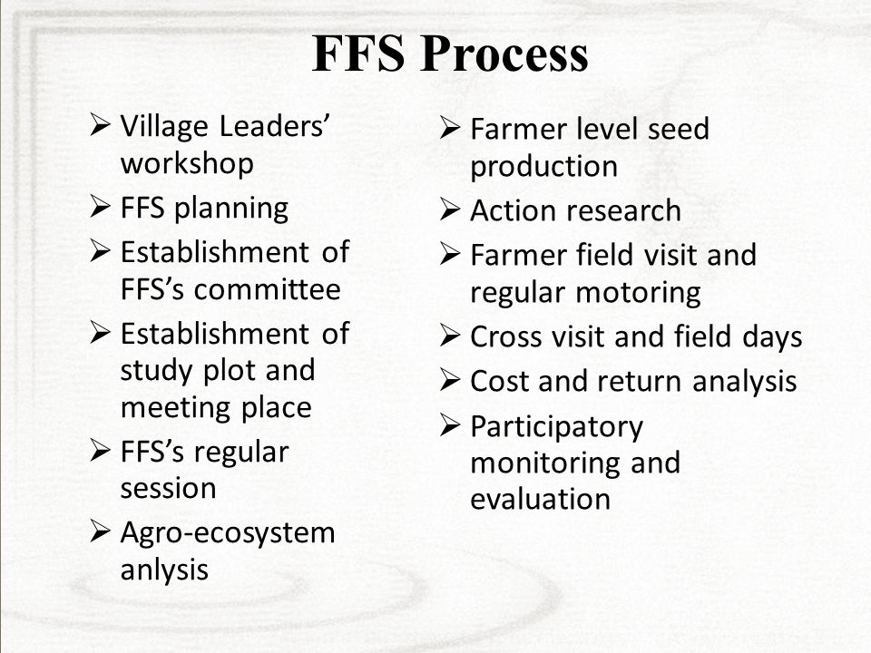 FFS Process  Village Leaders’ workshop  FFS planning  Establishment of FFS’s committee  Establishment of study plot and meeting place  FFS’s regular session  Agro-ecosystem anlysis  Farmer level seed production  Action research  Farmer field visit and regular motoring  Cross visit and field days  Cost and return analysis  Participatory monitoring and evaluation