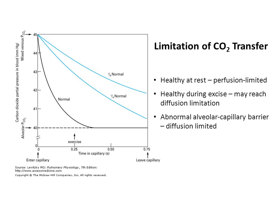 Limitation of CO 2 Transfer Healthy at rest – perfusion-limited Healthy during excise – may reach diffusion limitation Abnormal alveolar-capillary barrier – diffusion limited